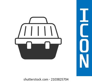 Grey Pet carry case icon isolated on white background. Carrier for animals, dog and cat. Container for animals. Animal transport box.  Vector