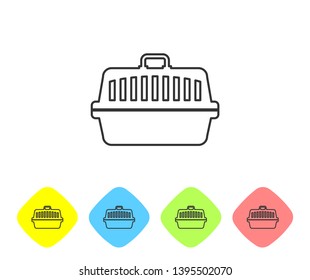 Grey Pet carry case line icon isolated on white background. Carrier for animals, dog and cat. Container for animals. Animal transport box. Set icon in color rhombus buttons. Vector Illustration