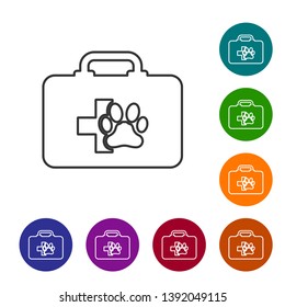 Grey Pet first aid kit line icon isolated on white background. Dog or cat paw print. Clinic box. Set icon in color circle buttons. Vector Illustration