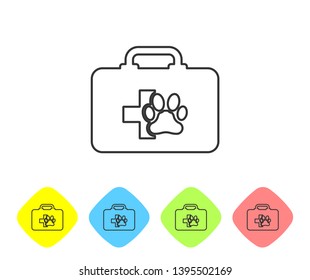 Grey Pet first aid kit line icon isolated on white background. Dog or cat paw print. Clinic box. Set icon in color rhombus buttons. Vector Illustration
