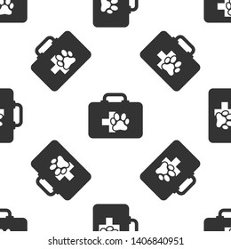 Grey Pet first aid kit icon isolated seamless pattern on white background. Dog or cat paw print. Clinic box. Vector Illustration