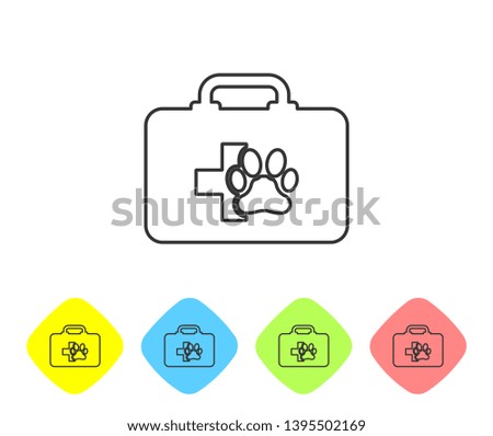 Grey Pet first aid kit line icon isolated on white background. Dog or cat paw print. Clinic box. Set icon in color rhombus buttons. Vector Illustration