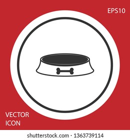 Grey Pet food bowl for cat or dog icon isolated on red background. Dog bone sign. White circle button. Vector Illustration