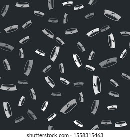 Grey Pet food bowl for cat or dog icon isolated seamless pattern on black background.  Vector Illustration