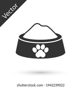 Grey Pet food bowl for cat or dog icon isolated on white background. Dog or cat paw print. Vector