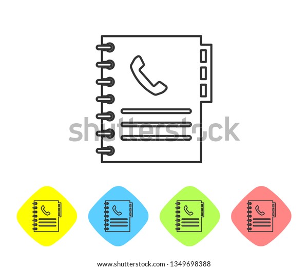 Grey Phone book line icon isolated on white
background. Address book. Telephone directory. Set icon in color
rhombus buttons. Vector
Illustration