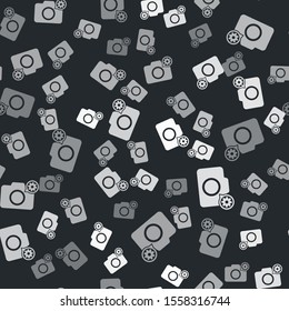 Grey Photo camera and gear icon isolated seamless pattern on black background. Adjusting app, service concept, setting options, maintenance, repair, fixing.  Vector Illustration