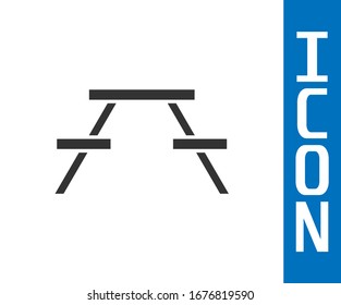 Grey Picnic table with benches on either side of the table icon isolated on white background.  Vector Illustration