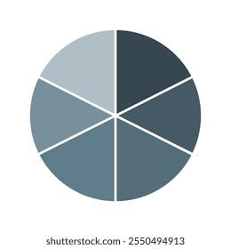 Grey pie chart with 6 parts chart, 6 circle section for business presentation concept. Overall for marketing and education goal vector.