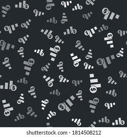 Grey Pie chart infographic and dollar symbol icon isolated seamless pattern on black background. Diagram chart sign. Vector.