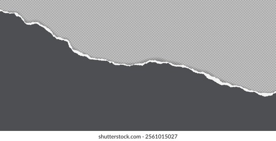 Grey piece of paper with torn edges and soft shadow are on grey background for text or ad.