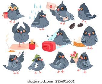 Grey pigeon funny cartoon characters with different emotion and action isolated set. Cute dove singing, watching tv, delivering mail, doing yoga, playing football. Happy or sad bird personage