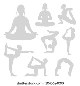 Grey pilates yoga fitness silhouettes set. Healthy woman collection pose. Vector illustration