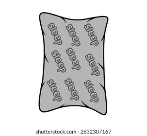 A grey pillow with the word "sleep" repeatedly printed on it, featuring a soft, cushioned look and simple black outline