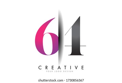 Logotipo de número 64 6 4 gris y rosa. Ilustración de vectores de corte de sombra creativa con colores de bloque de color.