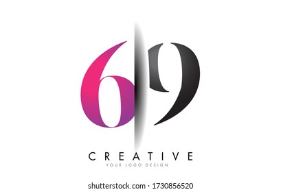 Grey and Pink 69 6 9 Number Logo. Creative Shadow Cut Vector Illustration with color block colors.