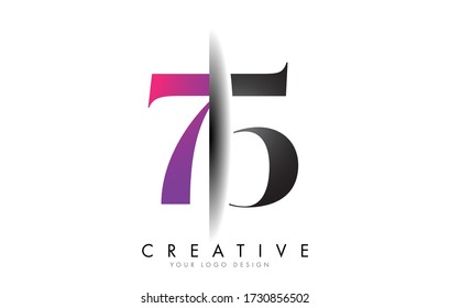 Grey and Pink 75 7 5 Number Logo. Creative Shadow Cut Vector Illustration with color block colors.