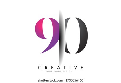 Grey and Pink 90 9 0 Number Logo. Creative Shadow Cut Vector Illustration with color block colors.