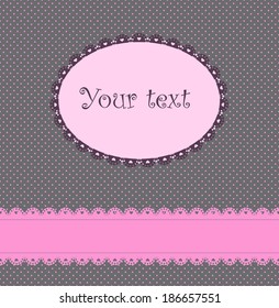 grey and pink background with small circles, horizontal patterned lace ribbon and oval frame for text