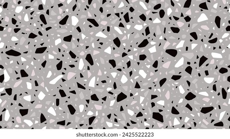 Patrón de piedra de mármol de terrazo gris, rosa y negro o fondo de terazo, mosaico de vector. Textura de piso de cerámica o terrazo de piedras rotas abstractas y partes de mármol para patrón interior