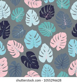 Grey, pink and blue vector tropical pattern with jungle leaves decor, seamless fabric background. Floral jungle ornament with monstera leaf tropical seamless. Philodendron or monstera plant background