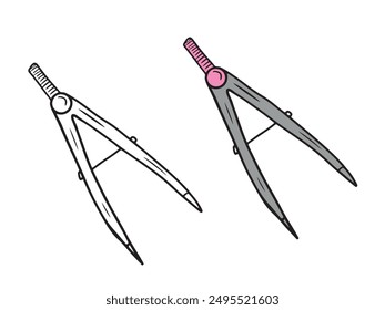 Grey and pink dividers compass for measurements, school stationery in black. Hand drawn vector sketch illustration in doodle engraved vintage line art style. Back to school, geometry, coloring book