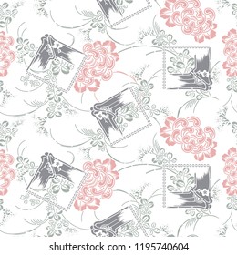 Grey and pink floral seamless pattern background