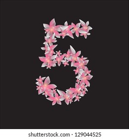 Grey and pink flower number five (5) on black background. Vector illustration. Eps 10.