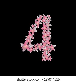 Grey and pink flower number four (4) on black background. Vector illustration. Eps 10.