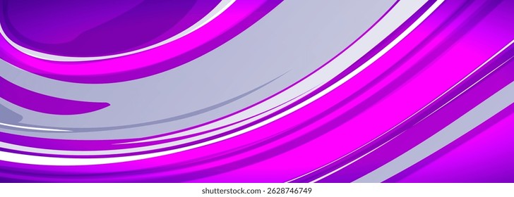 Grey, pink and purple modern wide banner. Bright abstract background with dynamic curves. Vector illustration
