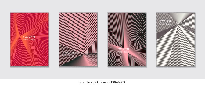 Grey, pink, red and white halftone angles vector cover template with lines. Tech background, title places. Vector journal design covers geometric shape background set, halftone lines collection.