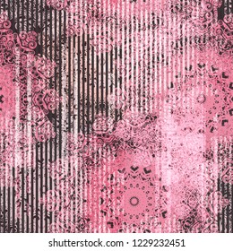 Grey and pink seamless texture. Stripes and mandalas. Abstract vector background for web page, banners backdrop, fabric, home decor, wrapping