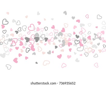 Grey and pink Valentine's day scatter of doodle hearts banner or card template. Flying heart confetti airy vector pattern. Holiday decoration with tenderness confetti flying, love background vector. 