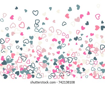 Grey and pink Valentine's day scatter of doodle hearts banner or card template. Flying heart confetti airy vector pattern. Holiday decoration with tenderness confetti flying, love background vector. 