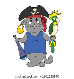 A grey pirate cat in a blue tank top with a black hat with a telescope and a green parrot.Vector illustration.Form for banners, postcards.Animals