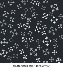 Grey Pixel arrows in four directions icon isolated seamless pattern on black background. Cursor move sign.  Vector Illustration
