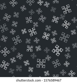 Grey Pixel arrows in four directions icon isolated seamless pattern on black background. Cursor move sign.  Vector Illustration