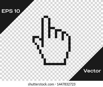 Grey Pixel hand cursor icon isolated on transparent background. Pointer hand cursor.  Vector Illustration