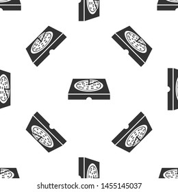 Grey Pizza in cardboard box icon isolated seamless pattern on white background. Box with layout elements. Vector Illustration