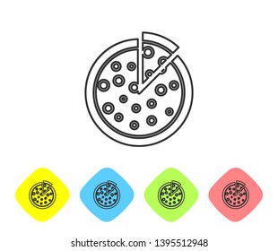 Grey Pizza line icon isolated on white background. Set icon in color rhombus buttons. Vector Illustration