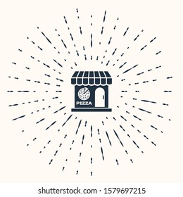 Grey Pizzeria building facade icon isolated on beige background. Fast food pizzeria kiosk. Abstract circle random dots. Vector Illustration