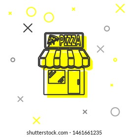 Grey Pizzeria building facade line icon isolated on white background. Fast food pizzeria kiosk. Vector Illustration