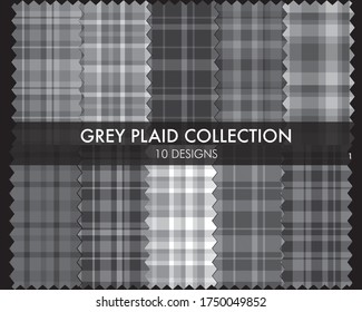 Grey Plaid, checkered, tartan seamless pattern collection includes 10 designs suitable for fashion textiles and graphics