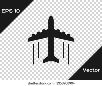 Grey Plane icon isolated on transparent background. Flying airplane icon. Airliner sign. Vector Illustration