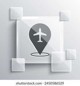Icono de Plano gris aislado sobre fondo gris. Icono de avión volador. Señal de avión. Paneles de vidrio cuadrado. Vector