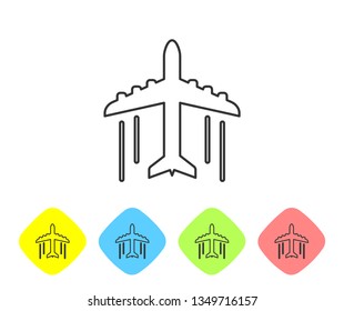 Grey Plane line icon isolated on white background. Flying airplane sign. Set icon in color rhombus buttons. Vector Illustration