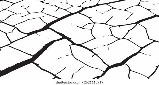 Grey plaster facade house wall with dark cracks.White black grey wall, floor with cracks, texture background.crack ground for abstract background on white background.Vector cracks, breaks on land 
