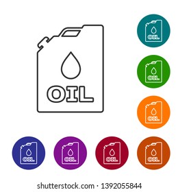 Grey Plastic canister for motor machine oil line icon isolated on white background. Oil gallon. Oil change service and repair. Engine oil sign. Set icon in color circle buttons. Vector Illustration