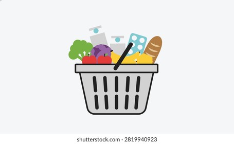 Grey plastic shopping basket filled with fresh fruits, vegetables, bread, and medicine, representing lifestyle.