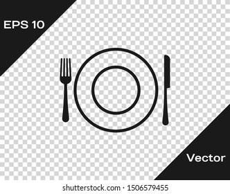 Grey Plate, fork and knife icon isolated on transparent background. Cutlery symbol. Restaurant sign.  Vector Illustration